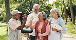 Senior people, high five and fitness outdoor for good news, exercise success and group celebration. Elderly friends, laugh and gesture for motivation, pilates achievement and retirement hobby at park