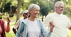 Fitness, nature and group of senior friends in park with workout, health or wellness training. Sports, walking and elderly people in retirement with cardio exercise outdoor in garden with teamwork.