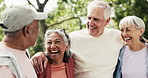 Laughing, hug and senior people in park for reunion, weekend and friends gathering for happy memory. Retirement bonding, support and elderly group embrace with conversation, outdoor and funny joke