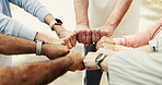 Fitness, above and people in circle with fist bump, unity or encouragement in training support. Sports, collaboration and team in huddle with hands together, diversity or motivation for group workout