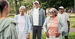 Coach, senior group and stretching at park for functional fitness, muscle relief or mobility exercise. Retirement health, old people and happy with instructor outdoor for workout warm up and wellness