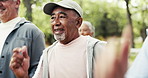 Fitness, nature and senior man with group in park for workout, health or wellness training. Sports, walking and elderly friends in retirement with cardio exercise outdoor in garden with teamwork.