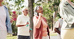 Fitness, senior people and walk with dumbbells in nature for health, cardio or strength training. Weightlifting, elderly group and exercise at park for muscle workout class, low angle and retirement