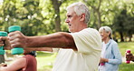Workout, weights and senior man in park for fitness, mobility routine and strength training for health. Retirement friends, outdoor exercise class or elderly people with dumbbell, wellness and active