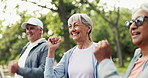 Active, fitness and smile with old woman outdoor in park for class or group exercise. Development, retirement and wellness with happy senior people in nature for mobility training or workout