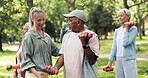 Personal trainer, old man and fitness class in park with dumbbells for exercise, mobility and wellness. Coach, elderly people and talking outdoor with assistance for workout, joint health or support.