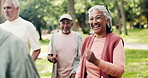 Demonstration, fitness or laughing with old woman and personal trainer in park for mobility class. Excited, exercise or lesson with coach and funny senior people outdoor in nature for wellness course