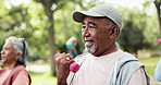 Fitness class, old man and exercise outdoor with dumbbells for joint health, mobility and wellness. Active, elderly person and happiness in park with weights for group, workout and strength training.