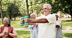 Fitness class, old man and workout in park with dumbbells for fun movement, mobility and wellness. Active, elderly person and exercise outdoor with weights for group, stretching or strength training.