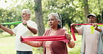 Personal trainer, park or senior people with resistance band, stretching workout or retirement health. Outdoor, muscle strength development or group with mobility training, exercise or fitness coach