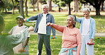 Dumbbells, old people and exercise class at park for muscle workout, health and smile with coach. Fitness, weightlifting and instructor with senior group for strength training, wellness or retirement