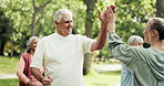 Outdoor, high five and senior man with personal trainer, workout class and commitment for fitness. Exercise, support or old people with coach for mobility training, retirement health or smile in park
