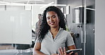 Face, tablet and happy business woman in office for creative career, magazine editor and coworking. Technology, smile and confident professional person in agency for publication, writer and portrait