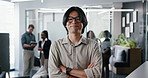 Face, arms folded and business man in office for creative career, magazine editor and coworking. About us, confident or happy professional in agency for publication, manager and portrait with glasses
