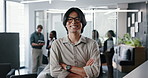 Face, arms folded and happy business man in office for creative career, magazine editor or coworking. About us, confident or professional in agency for publication, manager and portrait with glasses