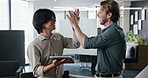 Fist pump, high five and tablet with business men in office together for celebration of goals. App, success and target with employee team in workplace for reaction to bonus, milestone or victory