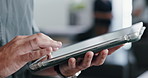 Hands, tablet and business person in office with typing, website review and internet research. Accountant, worker and reading on digital technology for networking, planning and online communication