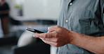 Hands, phone and message with business person in office for alert, communication or notification. App, contact or update with employee typing on technology for internet search, management or text