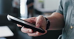 Hands, phone and typing with business person for alert, communication or notification in office. App, contact or update with employee on technology for internet search, management or text message