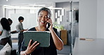 Phone call, speaking or happy woman with tablet in office, reading budget report or verify transaction. Tech, review bank invoice or mature accountant with confirmation, account check or discussion