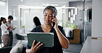 Phone call, speaking or woman with tablet in office, reading budget report or verify transaction. Tech, review bank invoice or mature accountant with confirmation, account check or client discussion