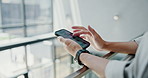 Hands, business and woman in office, smartphone and message to contact, internet and texting. Closeup, person and employee in workplace, cellphone and connection for social media and website info
