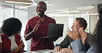 Finance, clapping or people in office with success, celebration or approval of investment proposal. Team, happy or analyst in agency with applause, revenue growth or good news in funding opportunity