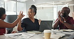 Finance, high five or people in office with clapping, celebration or approval of investment proposal. Team, graphs or analyst in agency with applause, revenue growth or good news on funding pitch