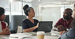 Finance, review or people in office with laptop, company update or conversation on revenue growth. Team, graph paper or sales manager with tech, budget plan or feedback in performance analysis