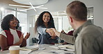 Business meeting, people and handshake with applause in office for congratulations, welcome and recruitment. Happy woman, shaking hands and group clapping for new hire, introduction and onboarding