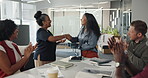 Award, hand shake or people in office with clapping, celebration or congratulations in business recognition. Happy, winner or employees with applause, achievement or well done in company prize