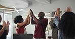 Success, high five or people in office with laptop, positive review or target reach in group goal. Teamwork, victory or employees in agency with tech, proposal approval or good news in director email