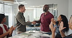Award, hand shake or team in office with clapping, celebration or congratulations in business recognition. Happiness, people or employees with applause, achievement or well done in company prize