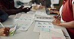 Paperwork, employees or hands with meeting in boardroom, review performance charts or financial planning. Data analysis, tech and team with graphs to monitor business growth, people and writing notes