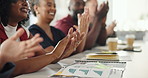Finance, clapping or group in office with success, graphs or approval of investment proposal. Teamwork, people or analyst in agency with applause, revenue growth or good news in funding opportunity.