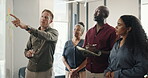 Guidance, sticky note or team in office with whiteboard, insight or review in financial performance. Collaboration, people or analyst with advice, risk assessment or brainstorming for revenue growth