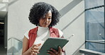 Reading, business and black woman with tablet in hallway, planning proposal and review budget. Digital portfolio evaluation, smile and investor with asset management, check economy and company trend
