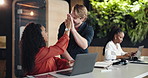 Laptop, business people and high five for training success, well done and celebration in office. Computer, achievement and happy team with mentor for goal, performance improvement and victory dance