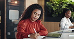 Laptop, writing and thinking with woman in workplace for agenda, calendar or to do list notes. Computer, notebook and pen with business person at desk in coworking office for development or research