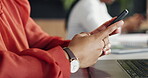 Office, typing or hands with phone screen for research, check internet or online forum for tech question. Laptop system query, mobile app or woman with text message reply, digital advice or solution