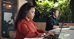 Laptop, typing and woman in call center for customer service, language translation and coworking. Happy agent, hotline and contact us with computer for multilingual support, talking and help desk