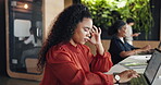 Stress, headache or woman in hybrid office with laptop, pressure or update mistake in task management. Fatigue, coworking or employee in agency with tech, migraine or burnout in deadline issue