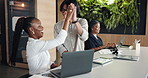 Laptop, business people and high five in office for success in training, fist pump and celebration. Computer, achievement and happy team with mentor for goal, performance improvement or victory dance