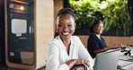 Face, laptop and happy business woman in office, proud accountant and coworking with arms crossed. Portrait, confidence and auditor with computer at work for investment, finance or bookkeeping expert