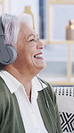 Caregiver, dance or old woman in house with headphones, bonding together or listening to music playlist. Laugh, retirement or people on sofa with tech, feeling beat and connection in assisted living.