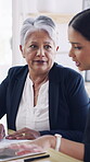 Meeting, planning and tablet with business people in office for investment banker, discussion and review. Stock portfolio, partnership and conversation with women in agency for team, tech and advisor