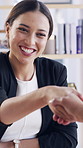 Shaking hands, meeting and business people in office for interview, onboarding or hiring process. Happy, welcome and mature female hr manager with candidate for handshake with contract in workplace.