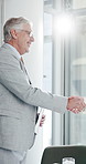 Happy, man and handshake with client, boardroom and agreement for investment, deal and collaboration. Business, meeting and shaking hands for funding opportunity, flare and mature person with smile