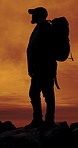Man, silhouette and mountain with perspective, sunset sky or bag for travel on summer adventure. Person, outdoor and thinking for reflection, gear or view for sightseeing on hill on trekking journey