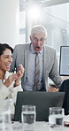 Surprised, colleagues and applause with laptop, office and celebration for investment on web or win. Shocked, team and people with tech for good news, flare and clapping for financial development